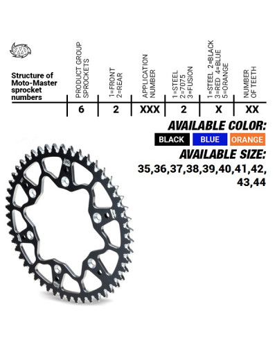Moto-master задня зірка алюмінева t7075 (ergal) 4644 41 (464441) ktm sx 50/sx 50 mini '02- , sx-e5 e-bike '19-, gasgas mc 50 mc-e e-bike 21-, husqvarna tc 50 '17, tc 50 mini '18-. ee 5 e-bike '19- (ланцюг 415) 