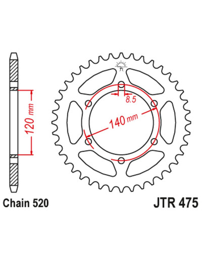 Jt задня зірка 475 45 kawasaki kl 250 '79-05', kv 250 '85-86' (47545jt) (ланцюг520)