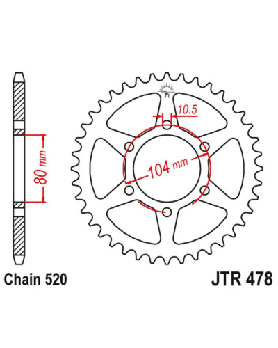 Jt задня зірка 478 38 kawasaki zx6r (05-17), z750 (47838jt) (ланцюг 520) 