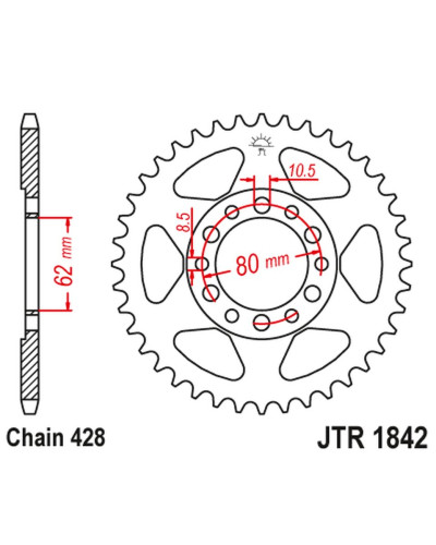 Jt задня зірка 842 42 yamaha yz 80 '81-83', dt 125/175 '74-77',tw 125 '99-02', tw 200 '89-', xt 350 '85-00' (84242jt) (ланцюг428)